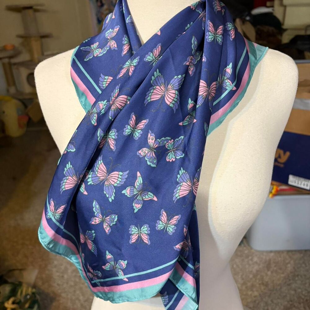 Blue and pink butterfly print silk scarf